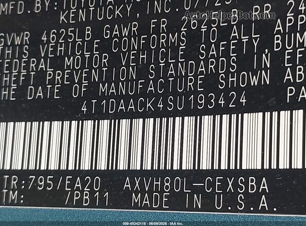 4T1DAACK4SU193424 2025 TOYOTA CAMRY Зеленый Вид подкапотного пространства