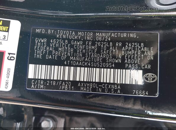 4T1DAACK4SU520954 2025 TOYOTA CAMRY Black Շարժիչի բաժամունքի տեսք