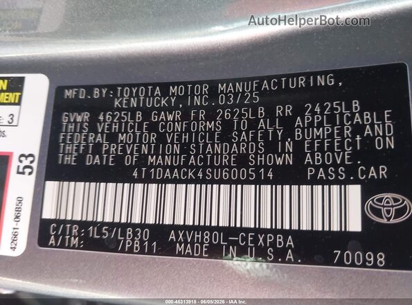 4T1DAACK4SU600514 2025 TOYOTA CAMRY Серый Вид подкапотного пространства