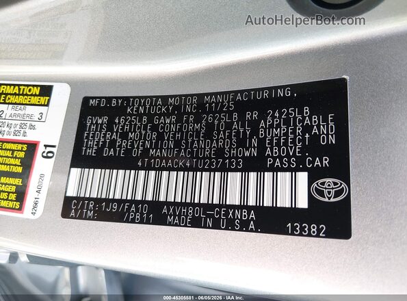 4T1DAACK4TU237133 2026 TOYOTA CAMRY Silver Engine compartment view