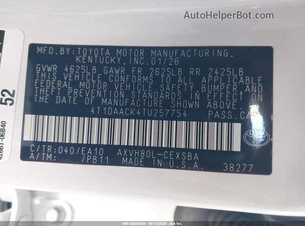4T1DAACK4TU257754 2026 TOYOTA CAMRY Черный Вид подкапотного пространства