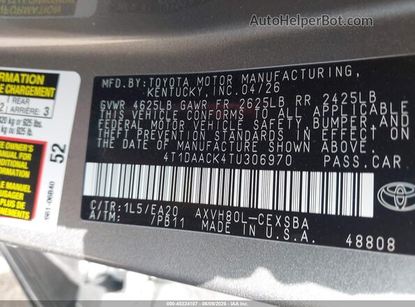 4T1DAACK4TU306970 2026 TOYOTA CAMRY Gray ძრავის განყოფილების ხედი