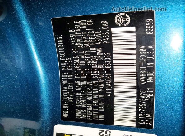 4T1DAACK4TU653392 2026 TOYOTA CAMRY Blue Вид наклейки з VIN-кодом