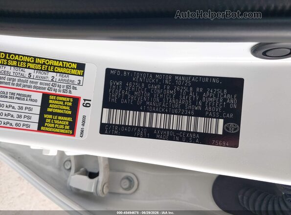 4T1DAACK4TU672346 2026 TOYOTA CAMRY White ძრავის განყოფილების ხედი