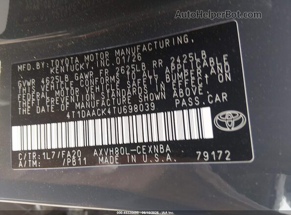 4T1DAACK4TU698039 2026 TOYOTA CAMRY Серый Вид подкапотного пространства