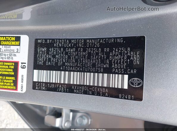 4T1DAACK4TU700758 2026 TOYOTA CAMRY Silver Vista del compartimento del motor