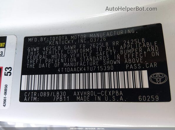 4T1DAACK4TU715390 2026 TOYOTA CAMRY White ძრავის განყოფილების ხედი