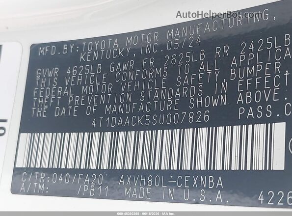 4T1DAACK5SU007826 2025 TOYOTA CAMRY Белый Вид подкапотного пространства