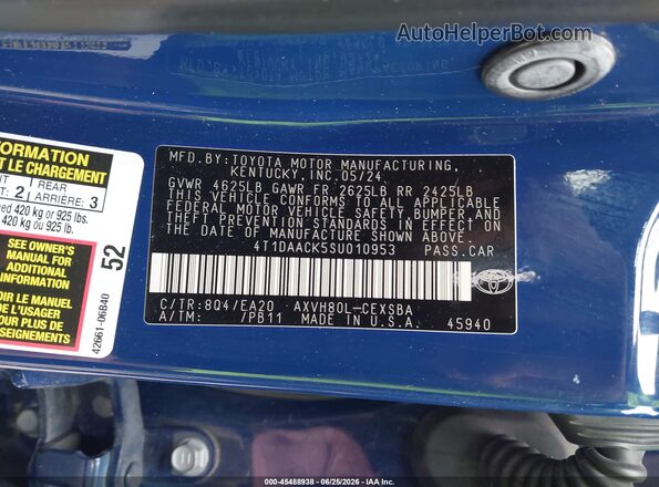 4T1DAACK5SU010953 2025 TOYOTA CAMRY Blue ძრავის განყოფილების ხედი