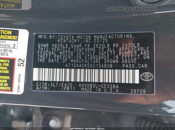 4T1DAACK5SU124838 2025 TOYOTA CAMRY Gray Вид підкапотного простору