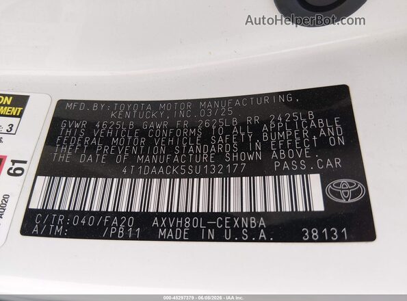 4T1DAACK5SU132177 2025 TOYOTA CAMRY White Շարժիչի բաժամունքի տեսք