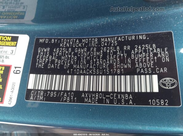 4T1DAACK5SU151781 2025 TOYOTA CAMRY Blue Շարժիչի բաժամունքի տեսք