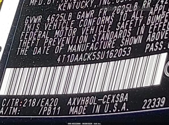 4T1DAACK5SU162053 2025 TOYOTA CAMRY Black Vista del compartimento del motor