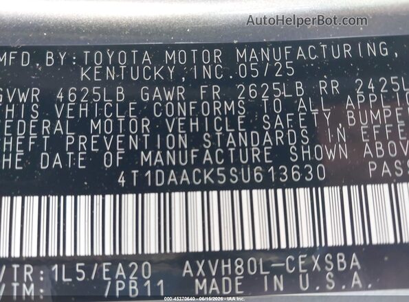 4T1DAACK5SU613630 2025 TOYOTA CAMRY Gray Շարժիչի բաժամունքի տեսք