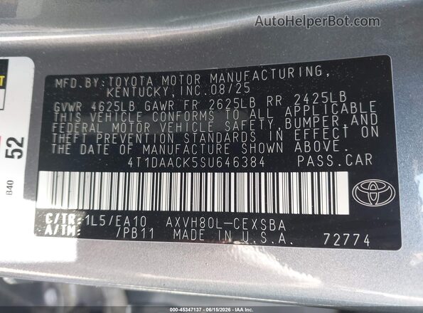 4T1DAACK5SU646384 2025 TOYOTA CAMRY Gray Widok komory silnika