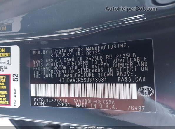 4T1DAACK5SU648684 2025 TOYOTA CAMRY Gray Vista del compartimento del motor