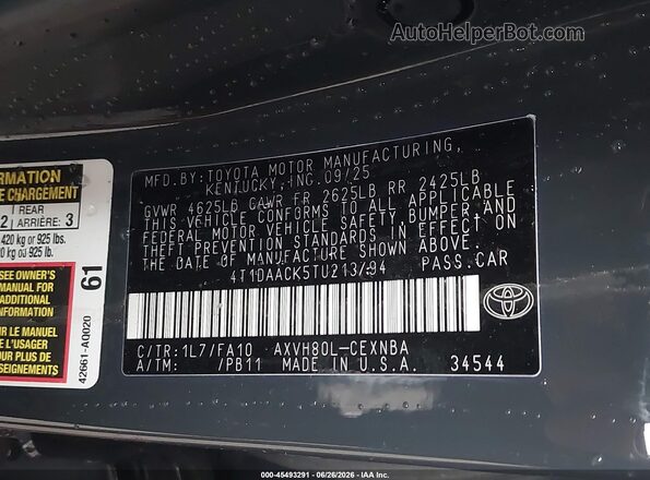 4T1DAACK5TU213794 2026 TOYOTA CAMRY Gray Vista del compartimento del motor
