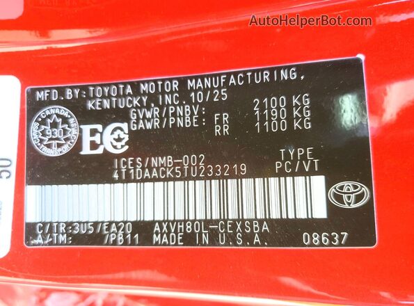4T1DAACK5TU233219 2026 TOYOTA CAMRY Red Vista del compartimento del motor