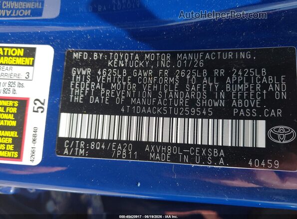 4T1DAACK5TU259545 2026 TOYOTA CAMRY Blue Vista del compartimento del motor