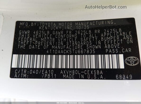 4T1DAACK5TU667835 2026 TOYOTA CAMRY White Вид підкапотного простору