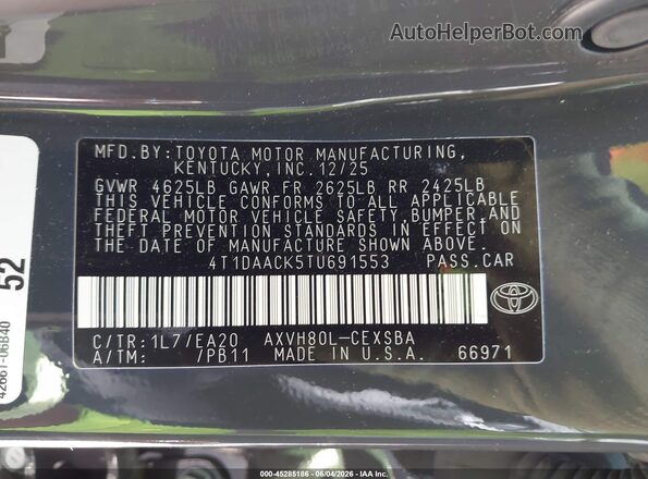 4T1DAACK5TU691553 2026 TOYOTA CAMRY Gray Շարժիչի բաժամունքի տեսք