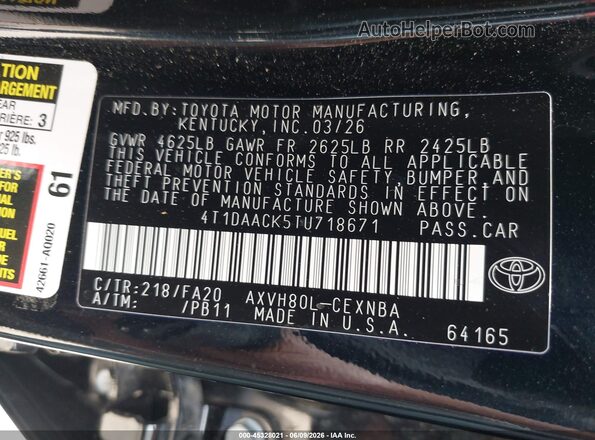 4T1DAACK5TU718671 2026 TOYOTA CAMRY Black Engine compartment view