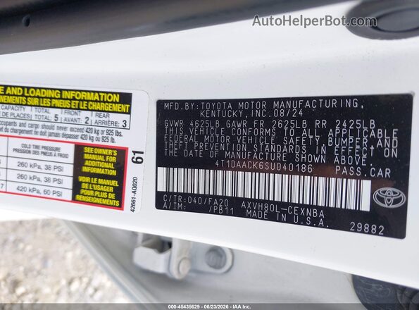 4T1DAACK6SU040186 2025 TOYOTA CAMRY Белый Вид подкапотного пространства