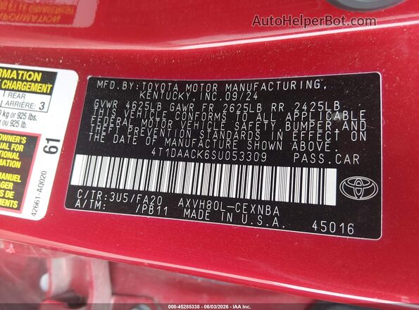 4T1DAACK6SU053309 2025 TOYOTA CAMRY Red Widok komory silnika