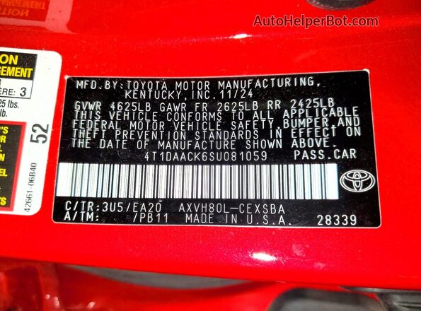 4T1DAACK6SU081059 2025 TOYOTA CAMRY Red Vista del compartimento del motor