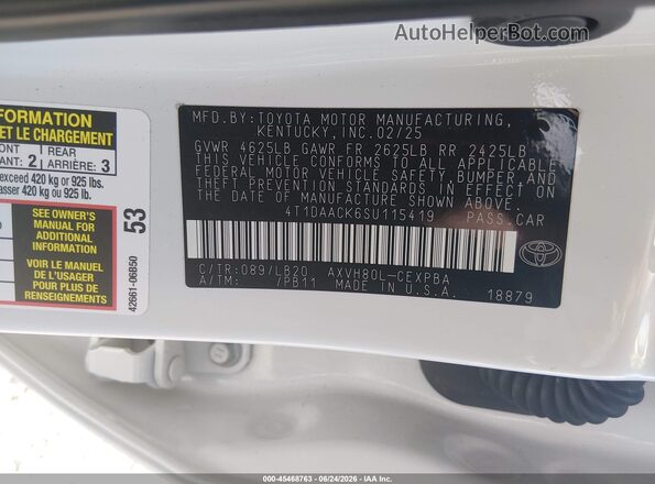 4T1DAACK6SU115419 2025 TOYOTA CAMRY White Widok komory silnika