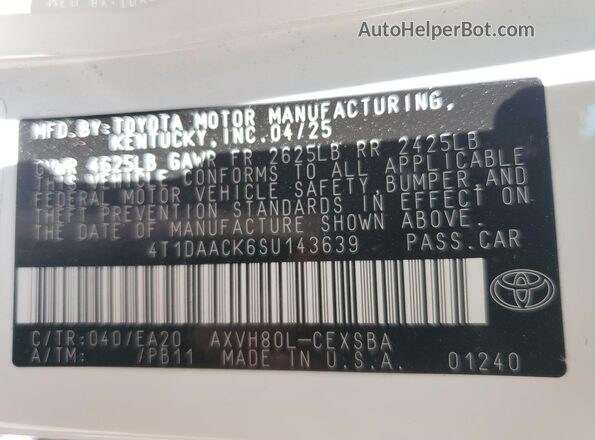 4T1DAACK6SU143639 2025 TOYOTA CAMRY White ძრავის განყოფილების ხედი