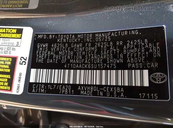 4T1DAACK6SU157475 2025 TOYOTA CAMRY Gray Engine compartment view