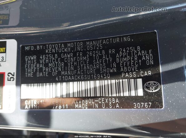 4T1DAACK6SU169450 2025 TOYOTA CAMRY Gray ძრავის განყოფილების ხედი