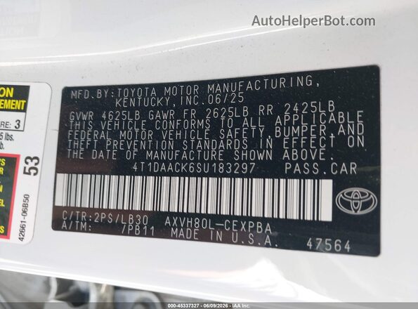 4T1DAACK6SU183297 2025 TOYOTA CAMRY White ძრავის განყოფილების ხედი