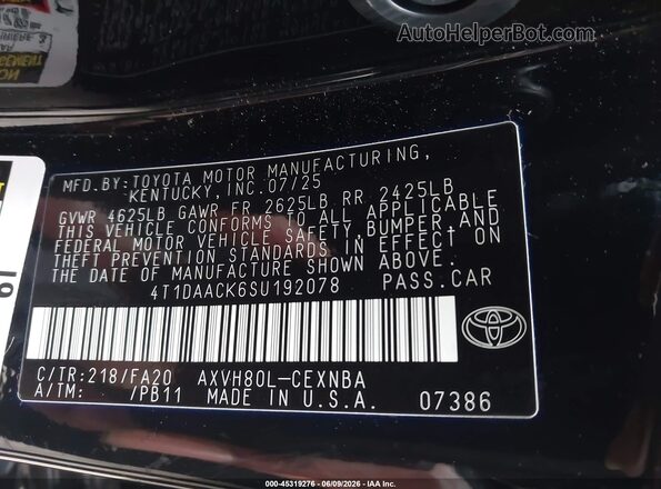 4T1DAACK6SU192078 2025 TOYOTA CAMRY Black Շարժիչի բաժամունքի տեսք