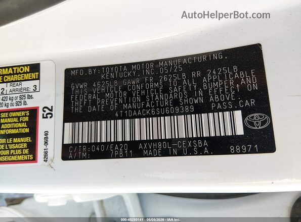 4T1DAACK6SU609389 2025 TOYOTA CAMRY White Շարժիչի բաժամունքի տեսք