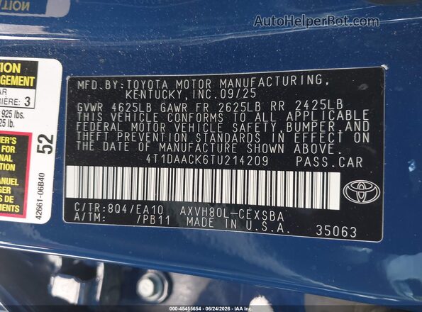 4T1DAACK6TU214209 2026 TOYOTA CAMRY Синий Вид подкапотного пространства