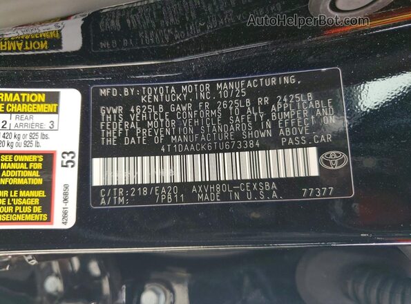 4T1DAACK6TU673384 2026 TOYOTA CAMRY Black Widok naklejki z numerem VIN