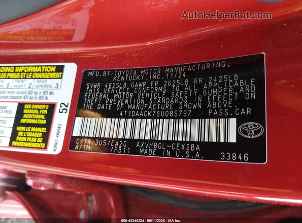 4T1DAACK7SU085797 2025 TOYOTA CAMRY Red Widok komory silnika