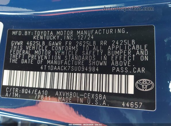 4T1DAACK7SU094984 2025 TOYOTA CAMRY Blue Engine compartment view