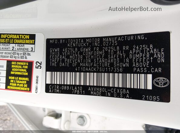 4T1DAACK7SU117356 2025 TOYOTA CAMRY White Engine compartment view