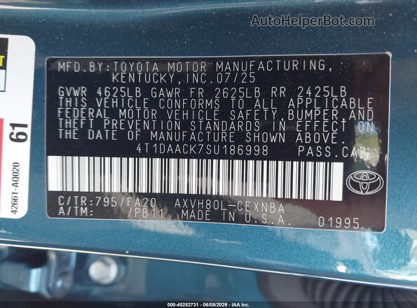 4T1DAACK7SU186998 2025 TOYOTA CAMRY Синий Вид подкапотного пространства