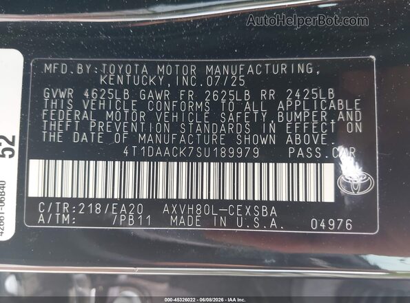 4T1DAACK7SU189979 2025 TOYOTA CAMRY Black Շարժիչի բաժամունքի տեսք
