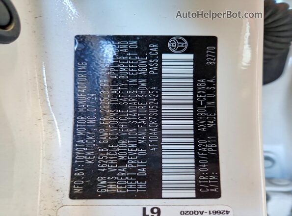 4T1DAACK7SU524254 2025 TOYOTA CAMRY White Вид наклейки з VIN-кодом