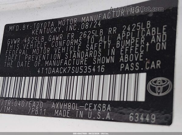 4T1DAACK7SU535416 2025 TOYOTA CAMRY White ძრავის განყოფილების ხედი