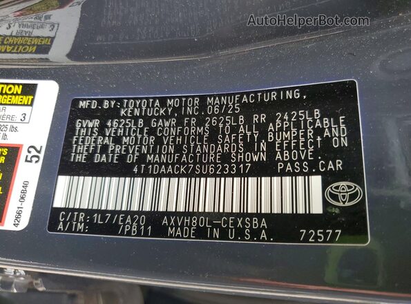 4T1DAACK7SU623317 2025 TOYOTA CAMRY Gray Widok naklejki z numerem VIN