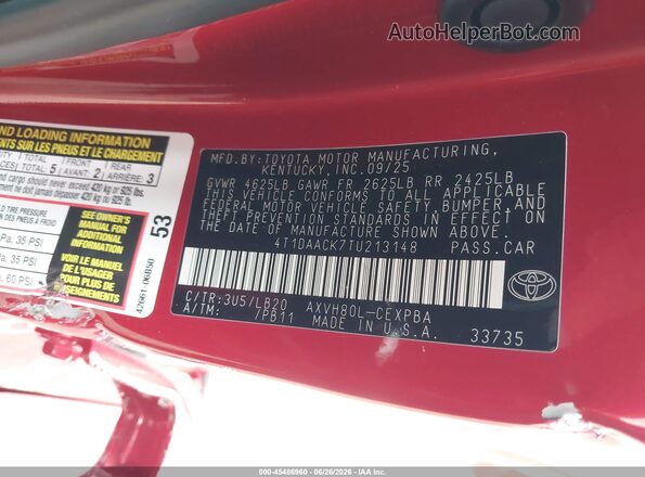 4T1DAACK7TU213148 2026 TOYOTA CAMRY Red Vista del compartimento del motor