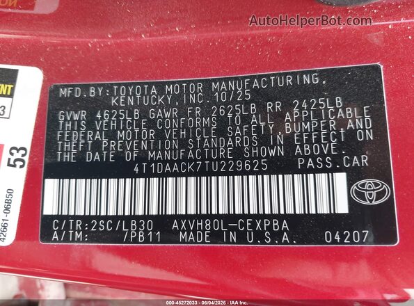 4T1DAACK7TU229625 2026 TOYOTA CAMRY Maroon ძრავის განყოფილების ხედი