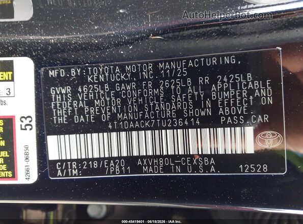 4T1DAACK7TU236414 2026 TOYOTA CAMRY Black ძრავის განყოფილების ხედი