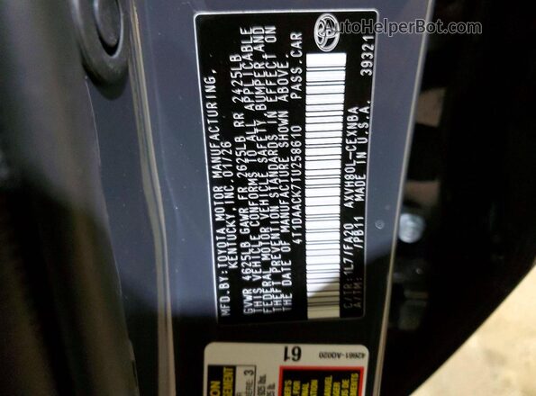 4T1DAACK7TU258610 2026 TOYOTA CAMRY Серый Вид наклейки с VIN-кодом